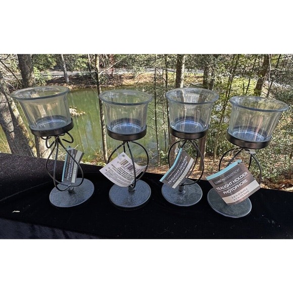 4 Greenbrier Int. Black Metal & Heavy Clear Glass Candle Holders Brand New -A29 - Picture 11 of 12